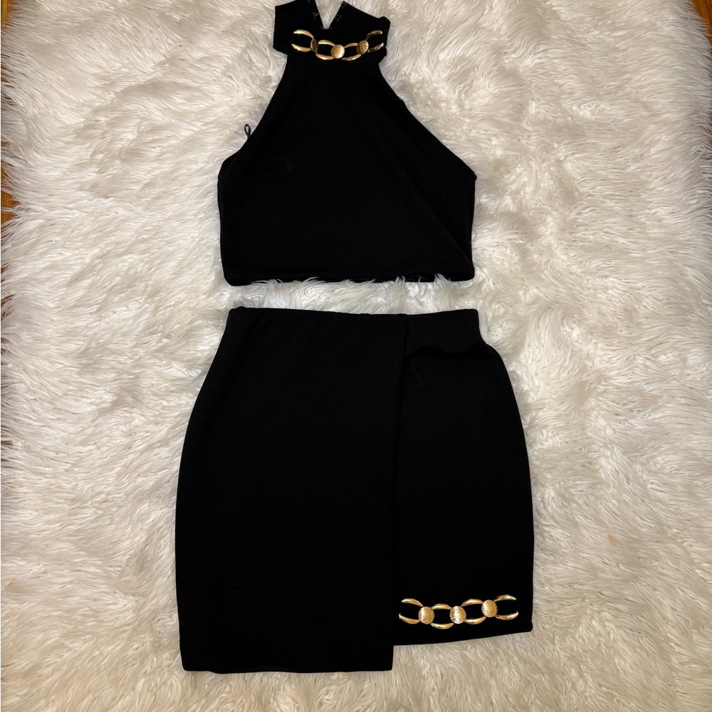 Miss Selfridge Black Skirt Set with Gold Chain Detail